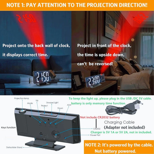 Projection alarm clock  multifunction Intelligent luminous clock Bedroom large screen digital clock 180℃ back and celling projec