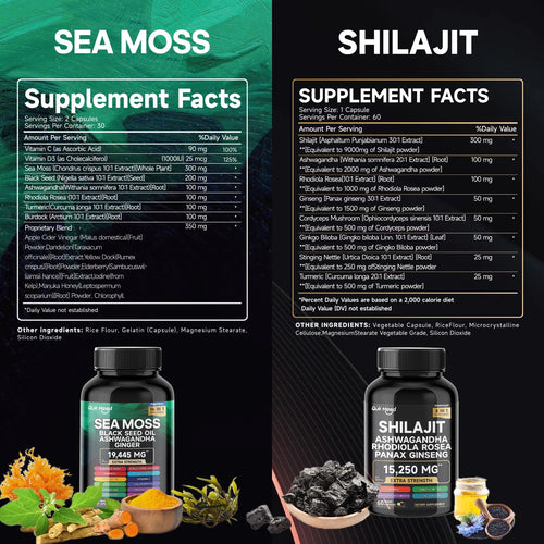 Sea Moss & Shilajit Bundle - 120 Capsules with Ashwagandha, Black Seed Oil, Turmeric