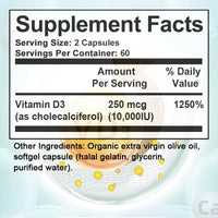 Vitamin D3 10,000 IU Capsules for Supporting Bone, Teeth, Muscle, Tissue and Immune Health, Non-GMO