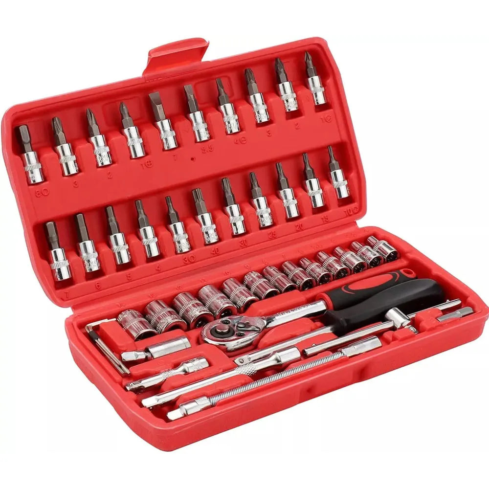 46pcs Metric Flexible Head Ratcheting Wrench Combination Wrench Set 1/4" Drive Hex Bit Socket Set Mechanic Tool Car Repair Tool