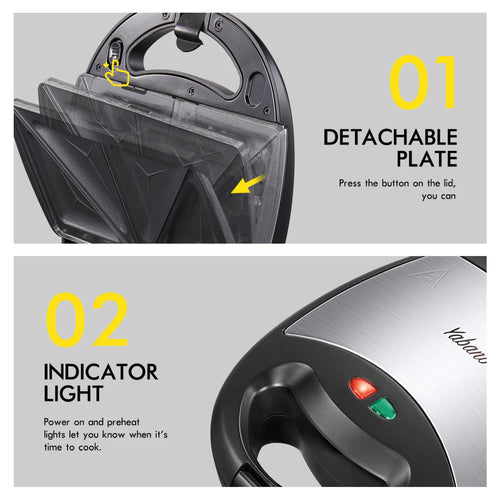 Yabano Sandwich Maker, 3 in 1 Waffle Maker, Toaster and Electric Panini Press Grill with Non-stick Coating Plate, Easy to Clean