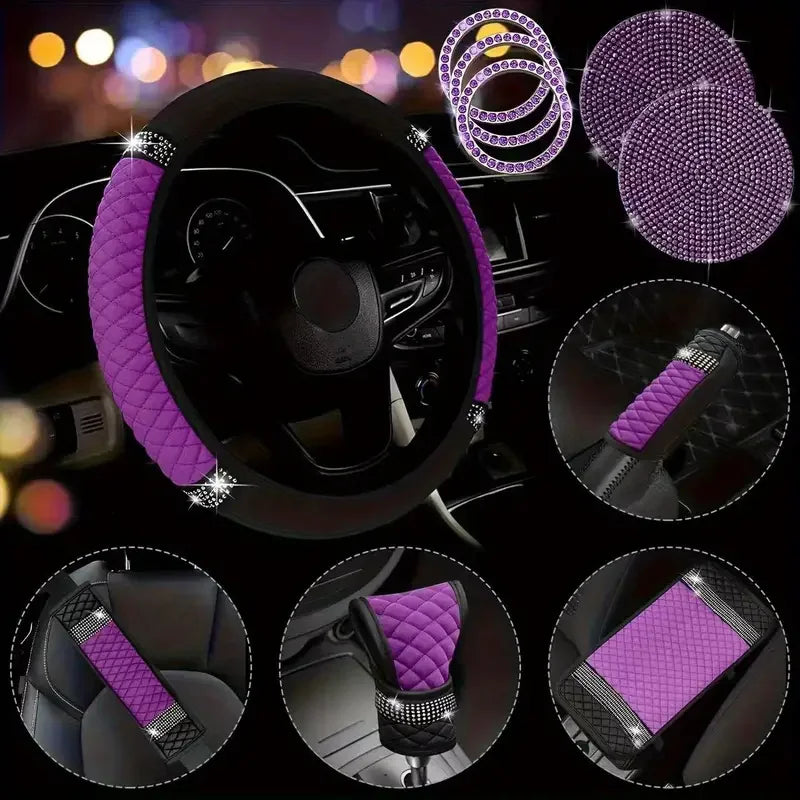 10pcs Sparkling Faux Diamond PU Leather Car Accessories Set Including Steering Wheel Cover, Center Console Armrest Pad