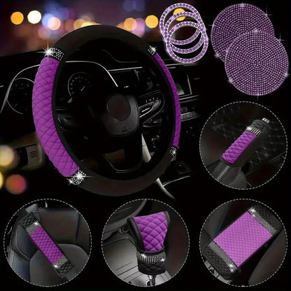 10pcs Sparkling Faux Diamond PU Leather Car Accessories Set Including Steering Wheel Cover, Center Console Armrest Pad