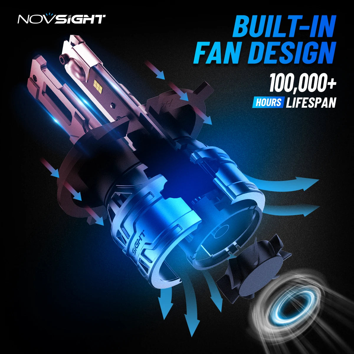 NOVSIGHT N61 Series Car Headlight Bulbs 9005 9006 9012 H1 H11 H3 H4 H7 13000LM 60W 6500K Built-in Fan Design