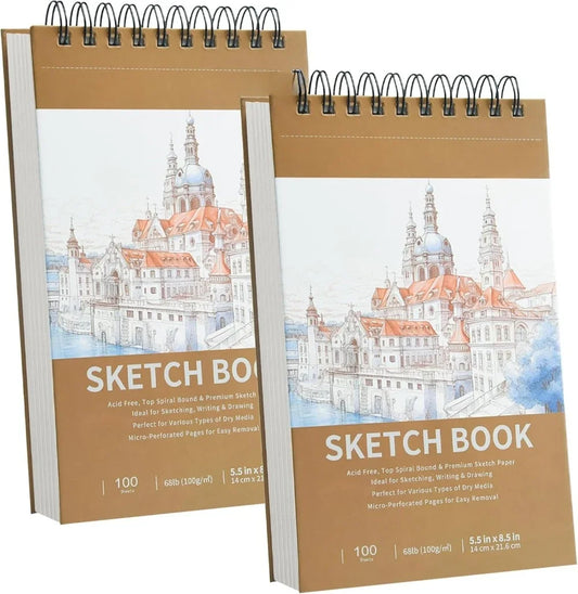 5.5" x 8.5" Sketchbook, Top Spiral Bound Sketchbook, 100 sheets of 68lb/100gsm drawing paper each, 2 packs