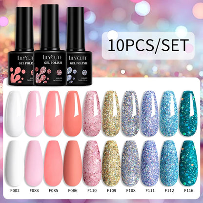 LILYCUTE 10PCS/Set Набір гель-лаків для нігтів Рожевий фіолетовий гель для нігтів Напівперманентний УФ світлодіодний лак Nail Art Design Soak Off Набір гелів для нігтів