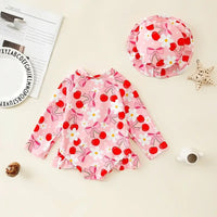 Baby Girls  Swimsuit with Sun Hat Set Floral Print Ruffle Sleeve Zip Up Rash Guard Swimwear Beachwear for Toddler Girls