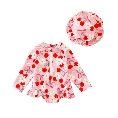 Baby Girls  Swimsuit with Sun Hat Set Floral Print Ruffle Sleeve Zip Up Rash Guard Swimwear Beachwear for Toddler Girls