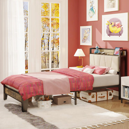 LIKIMIO Twin XL/Full/Queen/CaliforniaKing Bed Frames, Storage Headboard with Charging Station, No Box Spring Needed