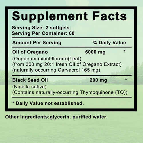 Oregano Oil 6000 mg, Black Seed Oil 200 mg, Supports Gut, Digestive & Immune Health, 120 Capsules
