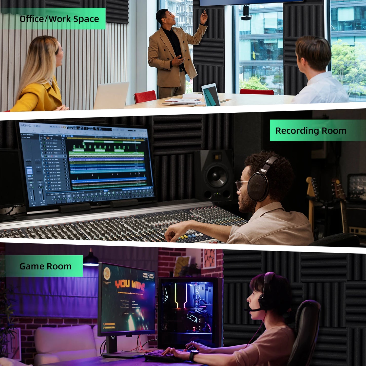 24 Packs Acoustic Foam Panels 2" X 12" X 12" Soundproofing Foam 25kg/m³ Noise Cancelling Foam with 120 PCS Double-Side adhesive