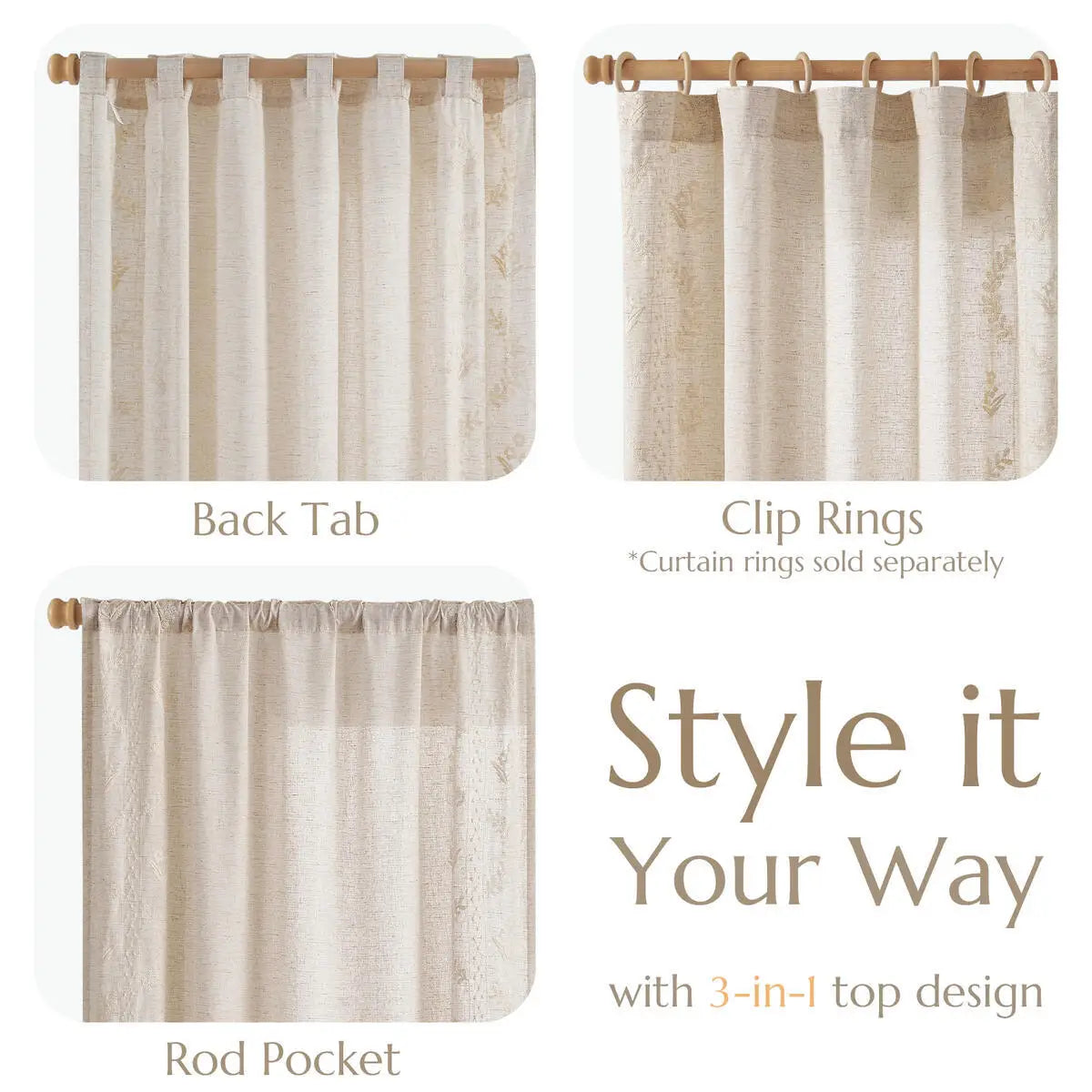 JINCHAN 2PCS Farmhouse Flower Embroidered Curtains Living Room Bedroom Light Filtering Linen Blend Window Curtain Boho Drapes