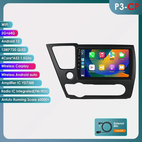 Hizpo For Honda Civic 9 2013 2014 2015 2016 Android 13 Carplay Car Radio Multimedia Video Player GPS Navigation 2 Din Autoradio