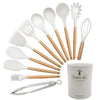 Cooking Utensils Set of 12 Silicone Kitchen Utensils With Solid Wood Handles and a Holder Bucket