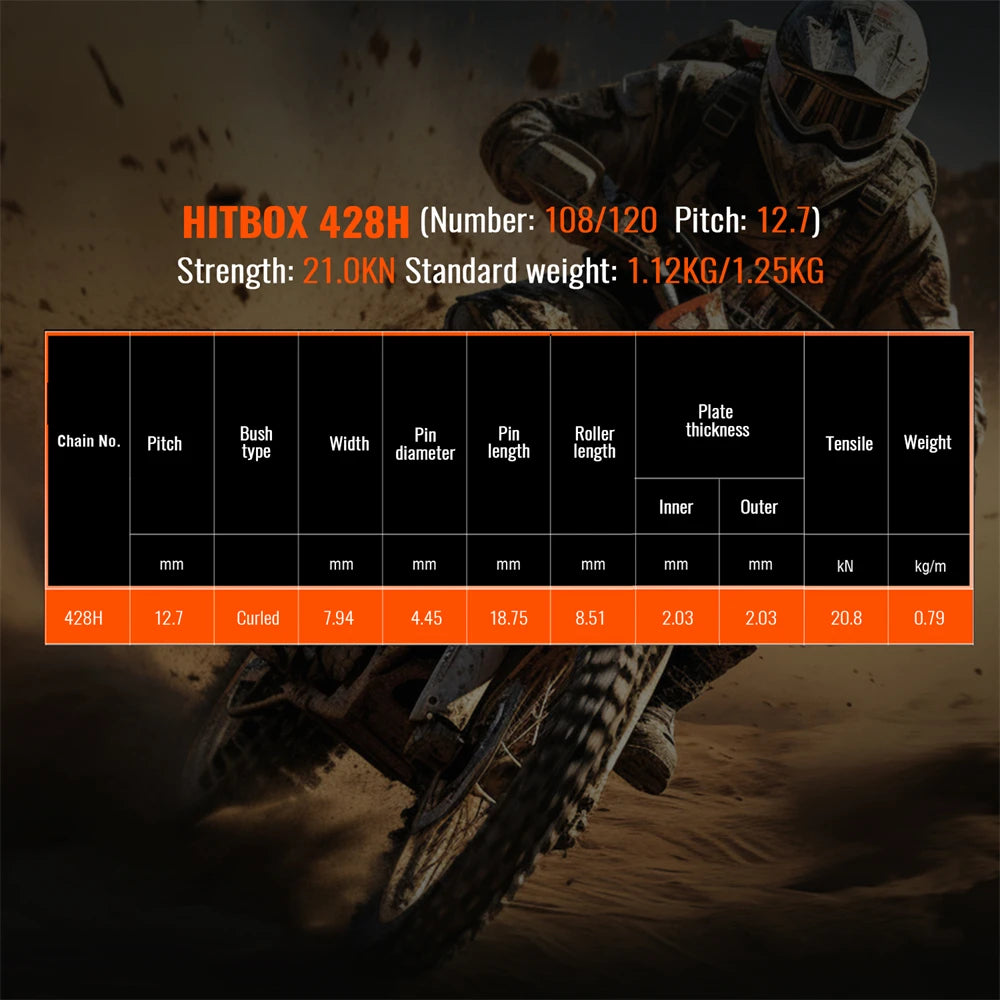 HITBOX High Quality Motorcycle Chain Sets 428H 108/120 Links 21KNmin for Mini Dirt Bike ATV Motorbike O-ring Oil Seal Chain