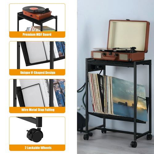 Record Player Stand with Vinyl Storage Side Table with Charging Station, 2 Tier with wheels Record Player Table for Living Room