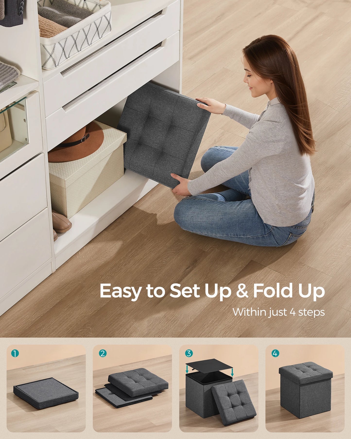 SONGMICS MAZIE Collection - 15 Inches Folding Storage Ottoman Bench, Ottoman Foot Rest, End of Bed Bench, Storage Chest