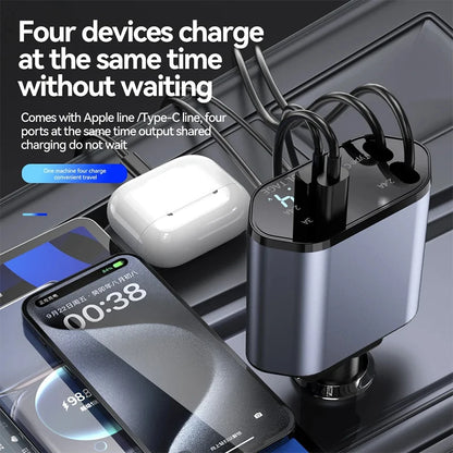 4 in 1 120W Car Charger Retractable Car Cigarette Lighter Adapter USB Type C Fast Charger Cable For IPhone Xiaomi Huawei Samsung
