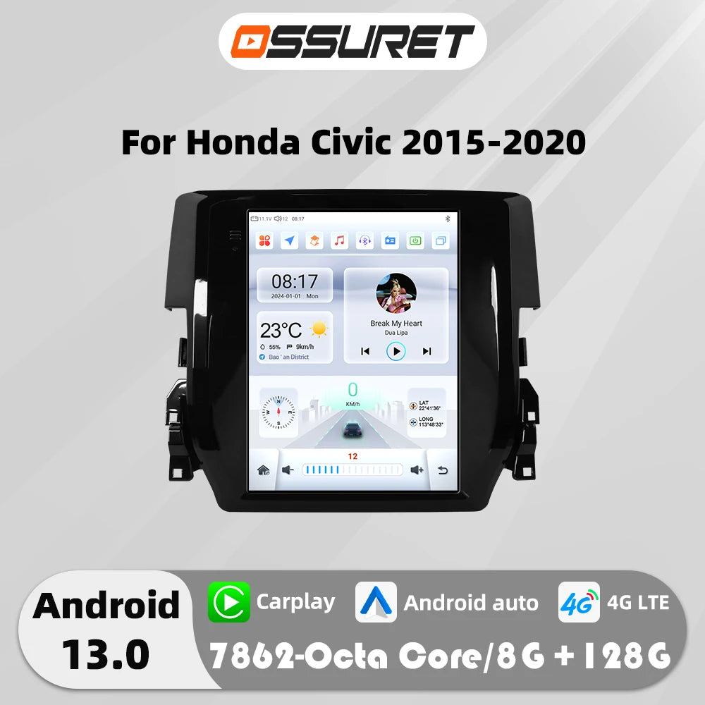 9.7" 7862 Android 13 Car radio for Honda Civic 2015-2020 tesla Style Multimedia player Carplay GPS navi Stereo 4G SWC Autoradio