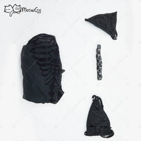 MEOWCOS Women Gothic Black Sexy Lingerie Skeleton Print See Though Dress and Bikini Set with Choker