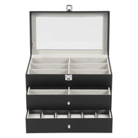 Glasses and Watch Organizer Box, Black Faux Leather 12-Watch Box and 12-Glasses Storage Jewelry Case with Drawer and Lock