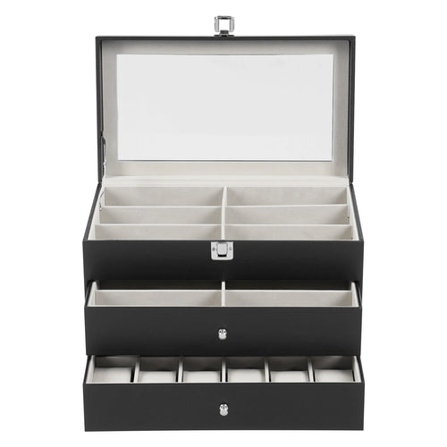 Glasses and Watch Organizer Box, Black Faux Leather 12-Watch Box and 12-Glasses Storage Jewelry Case with Drawer and Lock