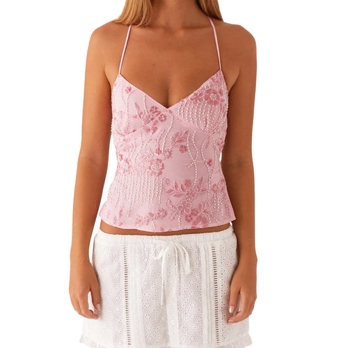 Elegant Lace Halter Neck Tank Top Sleeveless V-neck Backless Floral Blouse for Summer Beach Party Clubwear