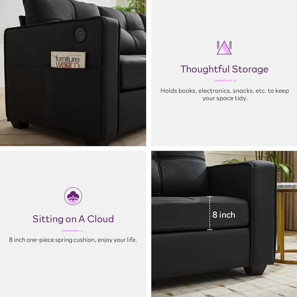 Faux Leater Sofa Couch Sectional Couches for Living Room, 88" Comfy Tufted Upholstery Sofas with USB & Type C Charger, Home 3 S