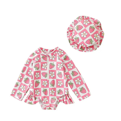 Baby Girls  Swimsuit with Sun Hat Set Floral Print Ruffle Sleeve Zip Up Rash Guard Swimwear Beachwear for Toddler Girls