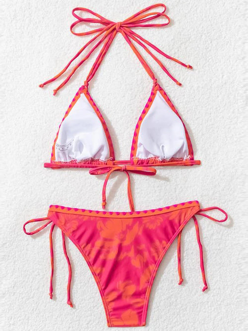 Women s Floral Print High Waist Bikini Set with Tie-Up Halter Neck Padded Bra and Cheeky Thong Bottoms for Beach Vacation