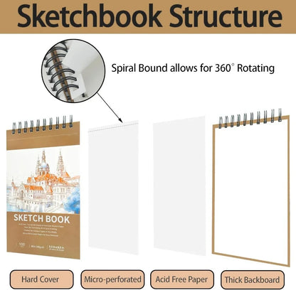 5.5" x 8.5" Sketchbook, Top Spiral Bound Sketchbook, 100 sheets of 68lb/100gsm drawing paper each, 2 packs