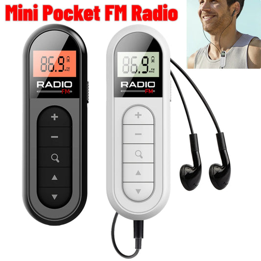 FM Radio Backlight LCD Display Mini Pocket Clip Radio with 3.5mm Headphones Personal Walkman Radio Receiver for Walk Camping