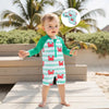 Children s Boys Long Sleeve Swimwear Set with Crab and Stripe Print Zipper Rash Guard Swimsuit Matching Hat Beachwear