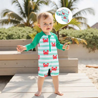 Children s Boys Long Sleeve Swimwear Set with Crab and Stripe Print Zipper Rash Guard Swimsuit Matching Hat Beachwear