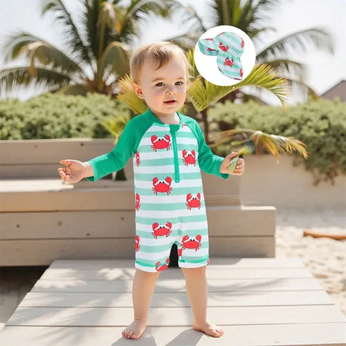 Children s Boys Long Sleeve Swimwear Set with Crab and Stripe Print Zipper Rash Guard Swimsuit Matching Hat Beachwear