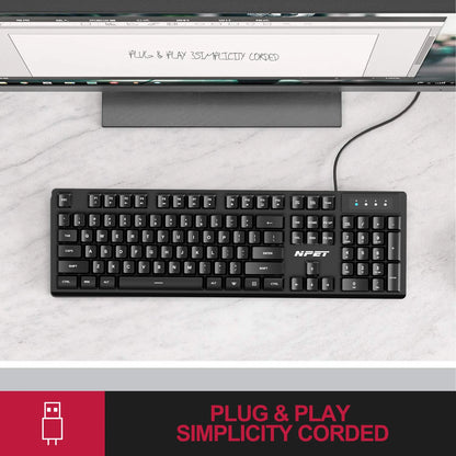 NPET K10V1 Wired Computer Keyboard, Full-Size with 12 Multimedia Keys, Compatible with PC, Laptop (Black)