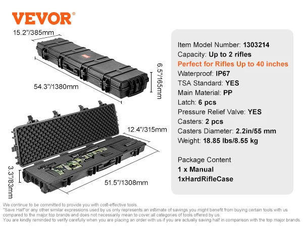 VEVOR Rifle Hard Case Portable Long Gun Storage Hard Suitcase W/ 2 Casters Shockproof & Waterproof Airsoft Rifle Protective Case
