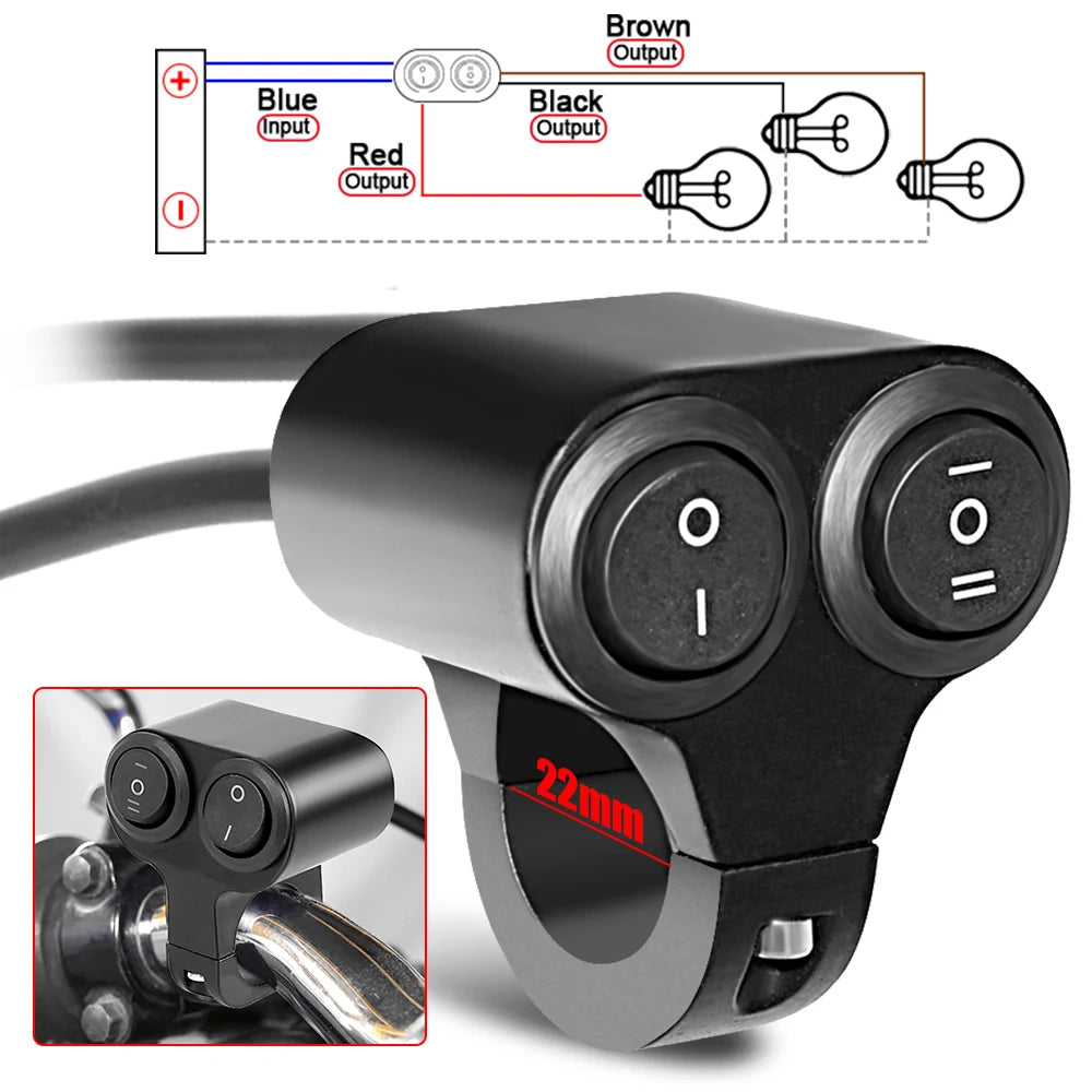 12V 10A 22mm 7/8" Motorcycle Handlebar Light Switch ON/OFF Button ON/OFF/ON Waterproof 3 Wires Motorbike Spotlight Retro Switch