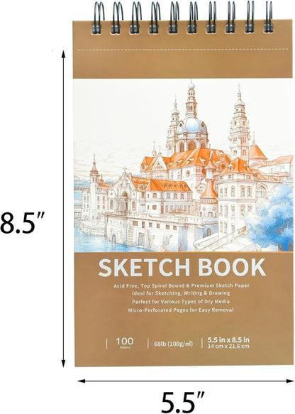 5.5" x 8.5" Sketchbook, Top Spiral Bound Sketchbook, 100 sheets of 68lb/100gsm drawing paper each, 2 packs