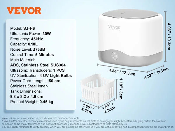 VEVOR 200/450/650ml Portable Ultrasonic Cleaner Machine with 4 Timer Modes Cleaning Basket for Eyeglasses Watches Dentures Rings