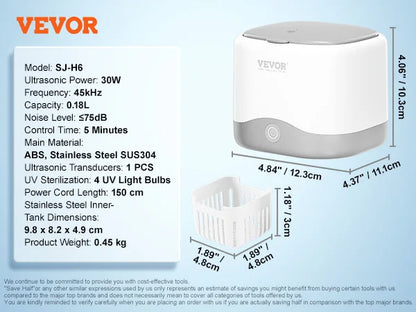 VEVOR 200/450/650ml Portable Ultrasonic Cleaner Machine with 4 Timer Modes Cleaning Basket for Eyeglasses Watches Dentures Rings