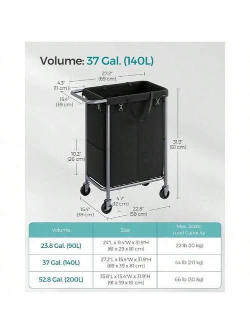 SONGMICS Laundry Basket With Wheels, Rolling Laundry Hamper, 23.8 Gallons (90L), Removable Liner, Steel Frame With Handle, Bl