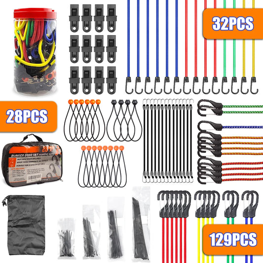 28pcs/32pcs/129pcs Bungee Cords Assortment Jar Includes Multiple lengths of Bungee Cord With Hooks,Trap Ball Ties And Tarp Clips