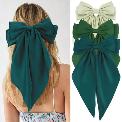 Hair Bows for Women Girls 3Pcs White Pink Black Silky Satin Large Bows Hair Clip Oversized Hair Ribbons Long Tail Big Hair Bows