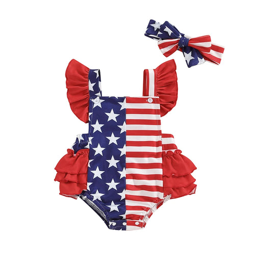 Red White Blue Patriotic Sleeveless Romper with Bow Headband for Baby Girls 4th of July Celebration Outfit