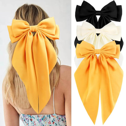 Hair Bows for Women Girls 3Pcs White Pink Black Silky Satin Large Bows Hair Clip Oversized Hair Ribbons Long Tail Big Hair Bows