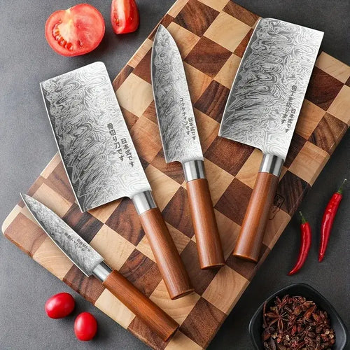 Four high-quality Japanese kitchen knives on a wooden cutting board with vegetables, showcasing their unique designs and functionality.