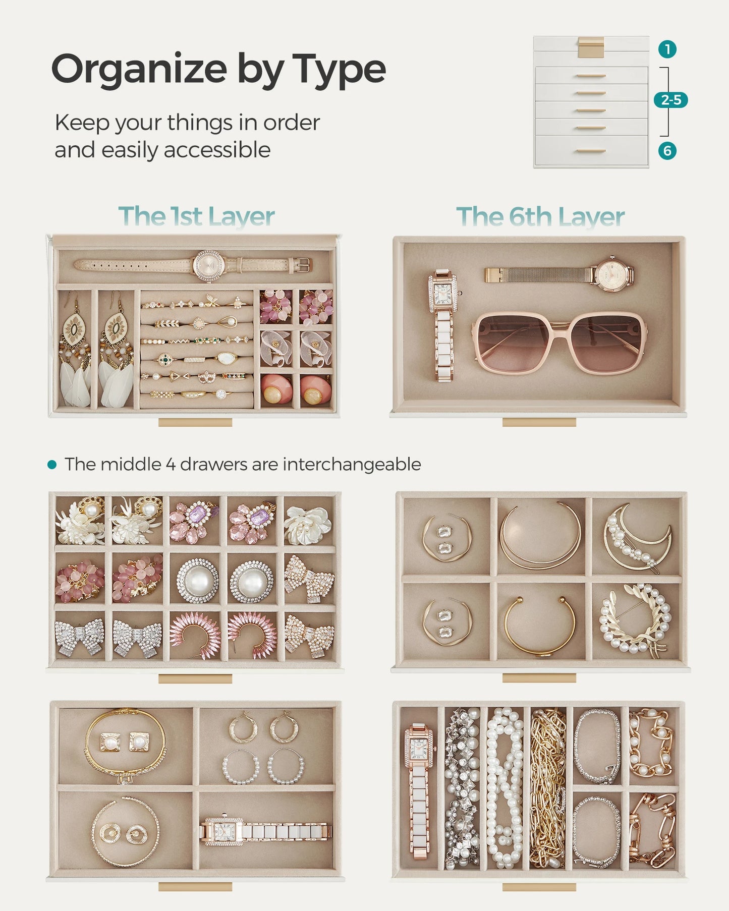 SONGMICS Jewelry Box with Glass Lid, 6-Layer Jewelry Organizer, 5 Drawers, for Sunglasses, Big Jewelry, Jewelry Storage