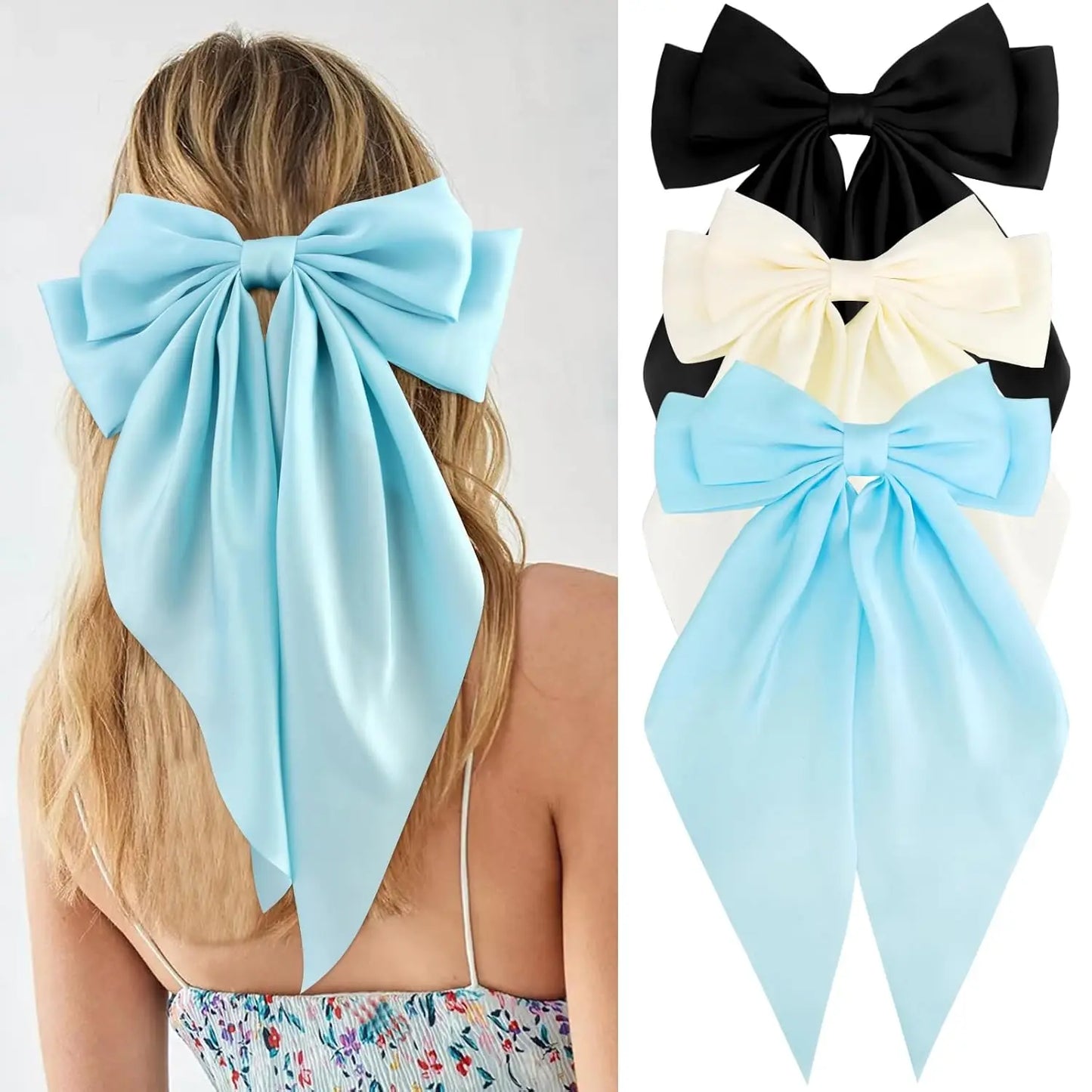 Hair Bows for Women Girls 3Pcs White Pink Black Silky Satin Large Bows Hair Clip Oversized Hair Ribbons Long Tail Big Hair Bows