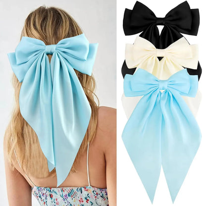 Hair Bows for Women Girls 3Pcs White Pink Black Silky Satin Large Bows Hair Clip Oversized Hair Ribbons Long Tail Big Hair Bows